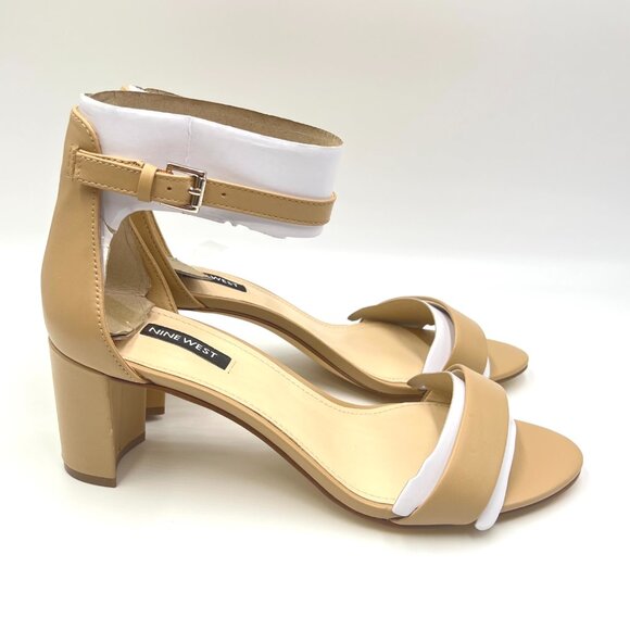 10W 10 WIDE WIDTH Nine West Pruce Nude Beige Tan Leather Heel Sandals Shoes - Picture 1 of 12